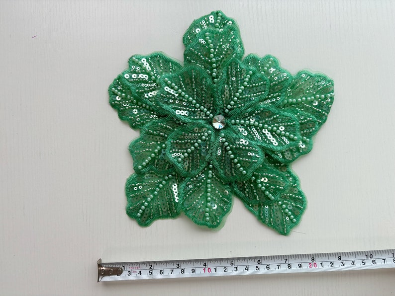 Green bead lace applique, heavy bead lace applique, 3D flowers lace applique with beads and rhinestones for haute couture image 8
