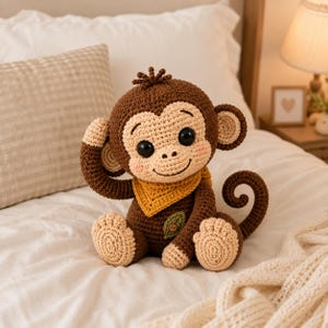 May include: A crocheted monkey stuffed animal with dark brown yarn, a light beige face, and large black eyes. It wears a mustard yellow triangular scarf around its neck and features a small green leaf appliqué with a brown button on its chest.
