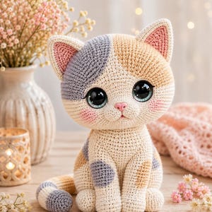 Puede incluir: Un peluche de gato calicó tejido a ganchillo con grandes ojos negros, una pequeña nariz rosa y mejillas sonrosadas. El gato presenta parches de lana color crema, gris y tostado, orejas puntiagudas con detalles rosas en el interior y una larga cola a rayas.