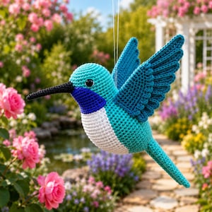 Op de afbeelding: Een gehaakte kolibrie-ornament met een fel turquoise kop en lichaam, een donkerblauwe keelvlek, een witte buik en diepblauwe vleugels. De vogel heeft een lange, dunne zwarte snavel en kleine zwarte kraaloogjes, opgehangen aan een dun wit draadje.