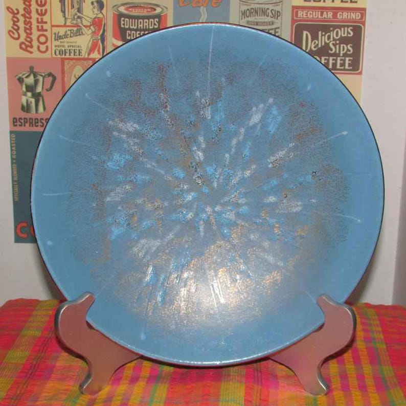 Large Blue ceramic art flat bowl west Germany 100 blue and gold with gold colored rim mid century modern .