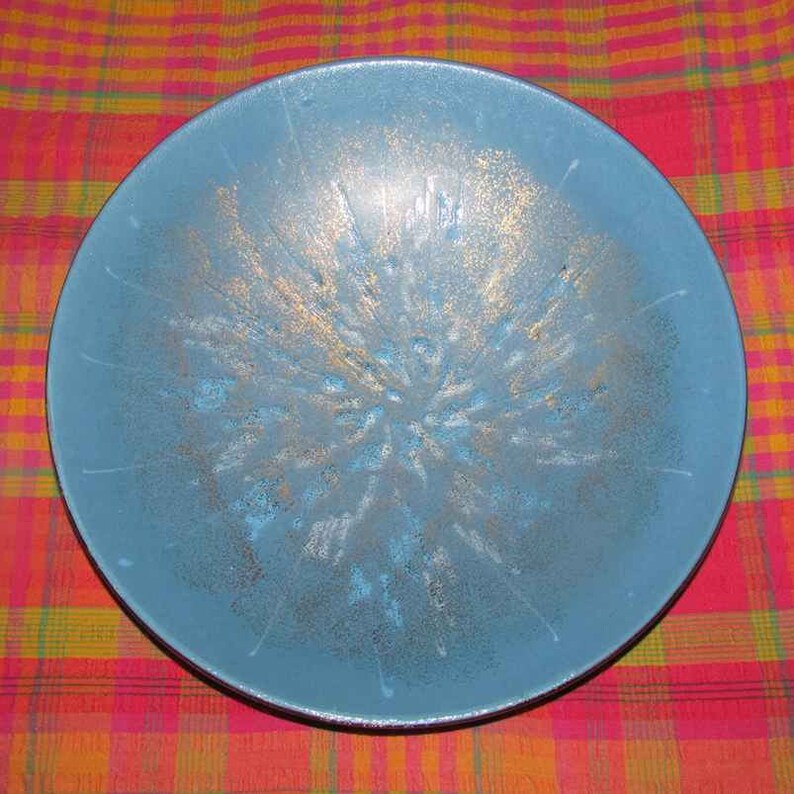 Large Blue ceramic art flat bowl west Germany 100 blue and gold with gold colored rim mid century modern .