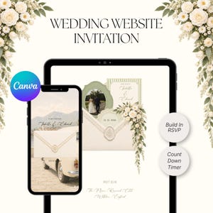 May include: A digital wedding website invitation template displayed on a tablet and smartphone screen. The design features cream-coloured envelopes, floral arrangements, and text including "Wedding Website Invitation," "Isabella & Edward," and "Build In RSVP."