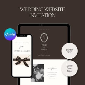 Wedding Countdown | Dark Brown & Ivory Wedding Invitation Website with RSVP, Reveal Envelope, Canva Template ( Instant Download )