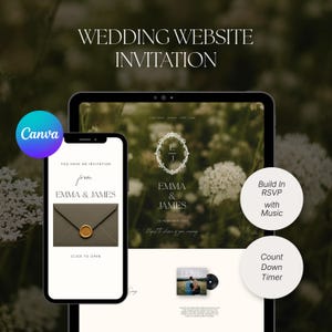 May include: A digital wedding website invitation template displayed on a tablet and smartphone. The screen shows the text "WEDDING WEBSITE INVITATION," "EMMA & JAMES," and "YOU HAVE AN INVITATION." Features include a wax seal envelope, RSVP, music, and a countdown timer.
