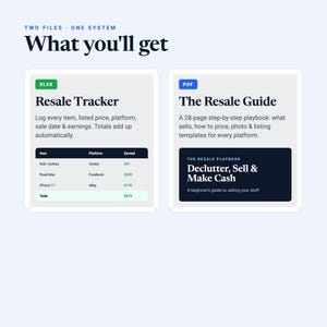 May include: A digital product bundle titled Two Files One System. It includes an XLSX Resale Tracker for logging items, prices, and earnings, and a 28-page PDF Resale Guide titled Declutter, Sell & Make Cash, a beginner's guide to selling stuff.