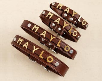 Personalized Leather Dog Collar, Custom Name Dog Collar with Gold/Silver Metal Letters, Adjustable Pet Collar, Puppy Collar, Dog Lover Gift