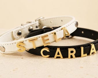 Personalized Leather Dog Collar, Custom Gold Metal Name Letters, Adjustable Pet Accessory, Dog Mom Gift