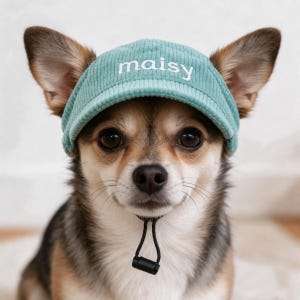 Pode incluir: Uma viseira para animal de estimação em veludo cotelê azul-petróleo claro com o texto branco bordado "maisy" na frente. O boné inclui uma tira de queixo preta ajustável com um fecho de plástico, projetada para ajustar-se à cabeça.