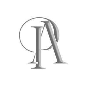 May include: A silver monogram logo with the letters "PA" in a stylized font. The "P" is enclosed in a circle.