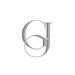 May include: A silver-colored monogram with the letters "GJ" intertwined.