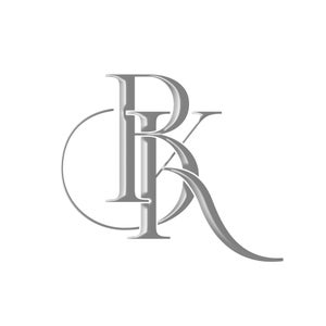 May include: A silver monogram with the letters "BK" intertwined. The "B" is larger and the "K" is curved around the "B".