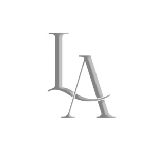 May include: A gray, stylized logo featuring the intertwined letters "L" and "A". The letters have a modern, elegant font with a subtle shadow effect, set against a clean white background.
