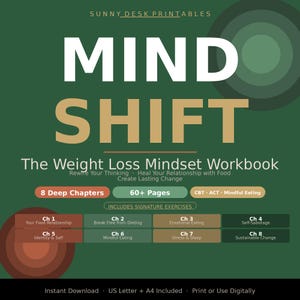 May include: A digital workbook titled MIND SHIFT The Weight Loss Mindset Workbook on a dark green background. It features 8 chapters covering food relationships, dieting, emotional eating, self-sabotage, identity, mindful eating, stress, and sleep.