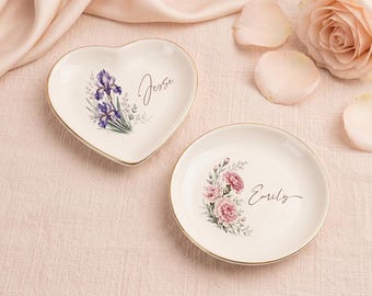 Custom Floral Ring Dish, Personalized Birth Flower Ceramic Jewelry Tray, Engraved Name Trinket Holder