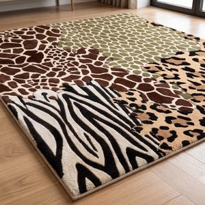 Hand Tufted Rug Wool Area Rug Modern Safari Animal Patchwork Design