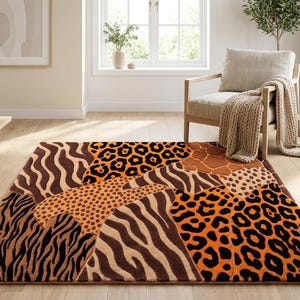 Hand Tufted Rug Wool Area Rug Modern Safari Animal Print Patchwork Design