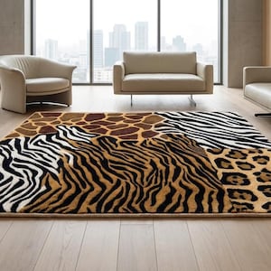 Hand Tufted Rug Wool Area Rug Modern Safari Animal Patchwork Design