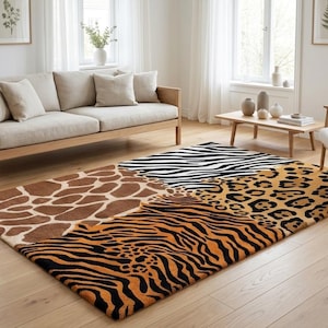 Hand Tufted Rug Wool Area Rug Modern Safari Animal Patchwork Design