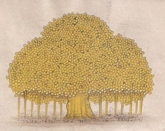 Golden Banyan Tree Miniature Painting, Original Handmade Wasli Paper Art | Bikaner School | 2mm Hand Painted Leaves, Tree of Life Raju Swami