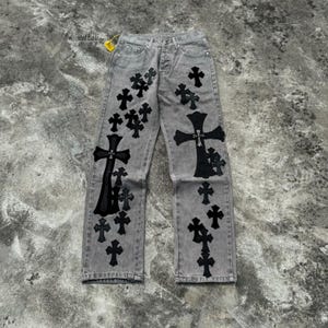 Chrome Hearts Cemetery Cross Patch Jeans, Streetwear Acid Wash Denim Pants Cross Patches