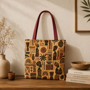 African Tribal Pattern Tote Bag | Ethnic Silhouettes, Drums & Pots