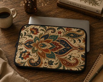 Indyjski, vintage'owy pokrowiec na laptopa z motywem paisley i kwiatowym wzorem boho mandala