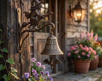 Cast Iron Witch Bell Wall Hanging, Flying Witch Doorbell Decor, Halloween Gothic Porch Ornament, Witchy Garden Entryway Decoration