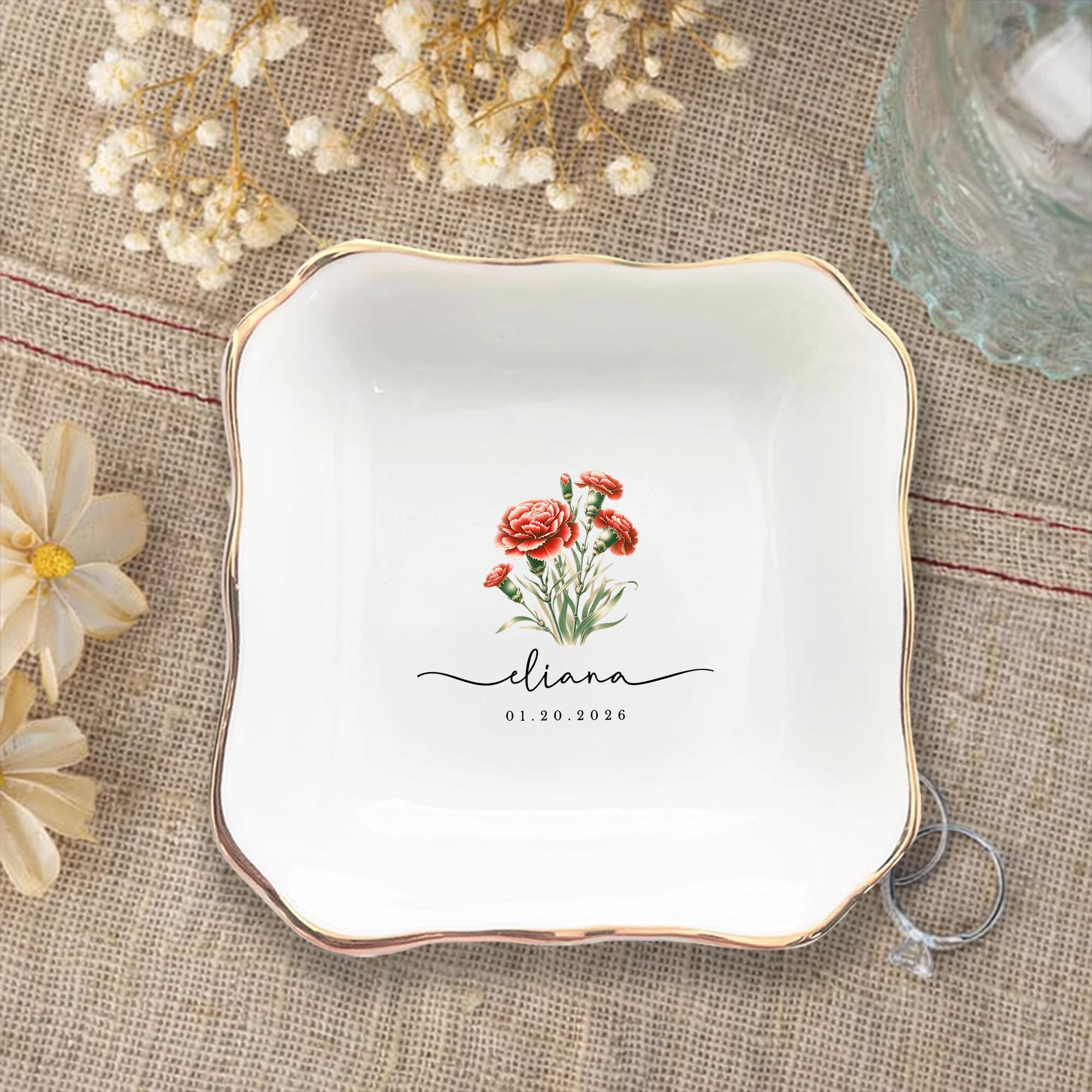 January Birth Flower Ring Dish, Personalized Carnation Birthday Gift,…