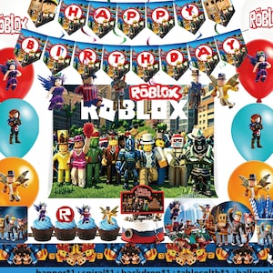 Peut inclure: Un ensemble de fournitures de fête sur le thème Roblox comprenant une bannière Happy Birthday, une grande toile de fond, douze ballons, vingt serviettes, des assiettes, des gobelets, des couverts, des pailles et des décorations de gâteau.