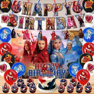 Könnte beinhalten: Ein Geburtstagsdekorationsset mit Charakteren aus Descendants: The Rise of Red, bestehend aus einem Happy Birthday-Banner, Luftballons mit Charakterdrucken, einem Tortenaufleger und Cupcake-Auflegern in den Farben Rot, Blau und Schwarz.
