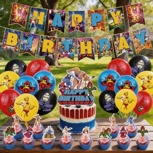 He-M*n Masters of the Un*verse Födelsedagsfesttillbehör Set, Retro Tecknad Serie, Banderoll, Ballong, Tårt- och Muffinsdekorationer, Pojkars Superhjälte Födelsedagsdekor