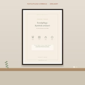 Könnte beinhalten: Ein gerahmter Wanddruck mit einer Anleitung zu Textilpflegesymbolen. Das cremefarbene Poster zeigt den Titel Textilpflege-Symbole erklaert, gefolgt von Symbolen für Waschen, Trocknen, Bügeln und Reinigen sowie erklärendem Text darunter.