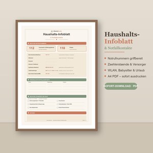 Könnte beinhalten: Ein druckbares Haushalts-Infoblatt & Notfallkontakte. Das Dokument enthält Abschnitte für Notrufnummern, persönliche Kontakte und wichtige Standorte im Haus, gestaltet mit Akzenten in Terrakotta und Salbeigrün.