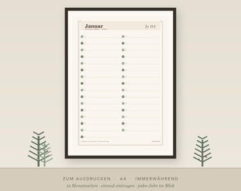 Perpetual birthday calendar, A4 size, printable PDF | Printable PDF