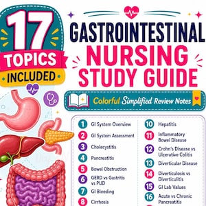 Op de afbeelding: Een kleurrijke gastro-intestinale verpleegkundige studiegids met 17 onderwerpen, waaronder overzicht van het maag-darmstelsel, beoordeling, cholecystitis, pancreatitis, darmobstructie, GERD, gastritis, PUD, bloedingen, cirrose en colonoscopie.