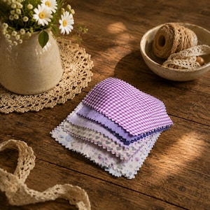 May include: A stack of square fabric swatches featuring various purple and white patterns, including gingham, solid lavender, and floral prints with scalloped edges, arranged on a wooden surface near a ceramic vase and a bowl of twine.