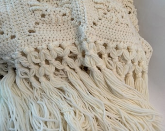 Vintage 70s Crocheted Afghan Long Throw - Ecru with Macrame Knotted Fringe - Approximately 50 x 80 inches