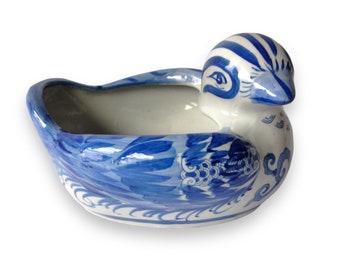 Vintage 60s Chinese Blue & White Duck Ceramic Planter for Gardeners - 10 x 9 x 7 inches
