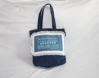 Cat Lover Open Tote Blue Denim White Lace