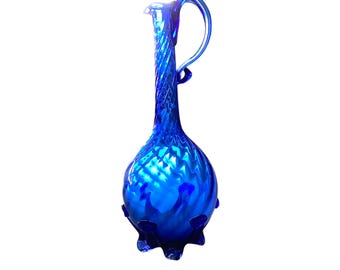 Vintage Handblown Cobalt Glass Pitcher with handle in Swirl design