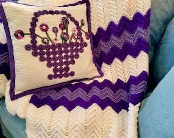 Hand Crocheted Afghan in Herringbone Pattern - White with Purple/Lavender Stripes - 52 x 82 inches - Includes Matching Pillow Cover