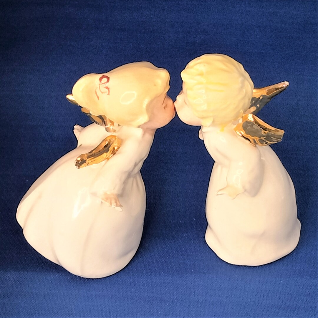 Kissing Angels Ceramic Figurines, Christmas Angels, Blonde Angels