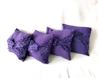 Deep Purple Silk Set of 4 Throw Pillow COVERS ONLY with Dotted Organza detail 14 x 14