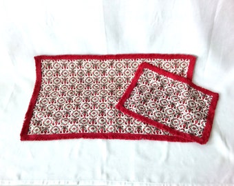Cotton Fringed Dresser Scarf Set Red Floral Vintage 1960s