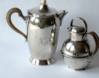 Silverplate Coffee/Tea/Milk Servers with Rattan Handles Vintage 1910s or 20s