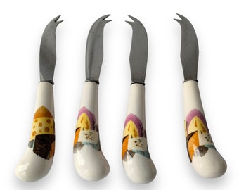 Set of 4 Cheese Dip Spread Knives with Ceramic Handles Vintage 80s