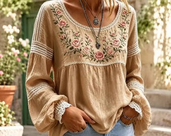Damesblouse met bloemenprint, boho top met lange mouwen, comfortabele casual stijl