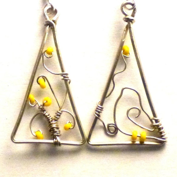 Wire wrapped earrings dangle yellow daffodil flowers earrings bird triangle earrings spring scene earrings women teen fashion jewelry