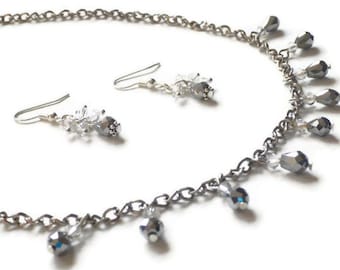 Jewelry set droplet crystal silver necklace silver crystal earrings beaded necklace sparkle gift